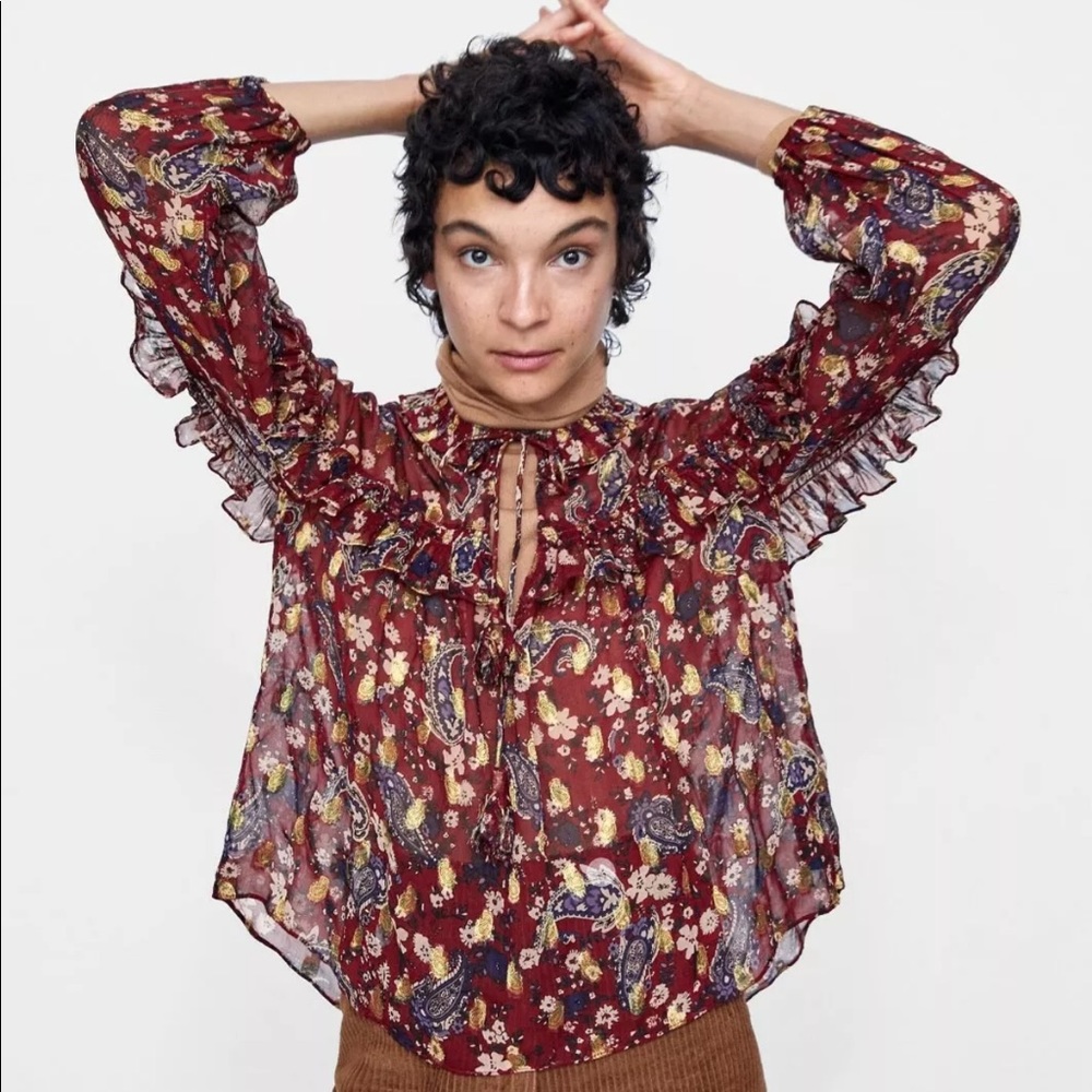 NWT Zara Metallic & Floral Print Ruffle Long Sleeve Blouse XS